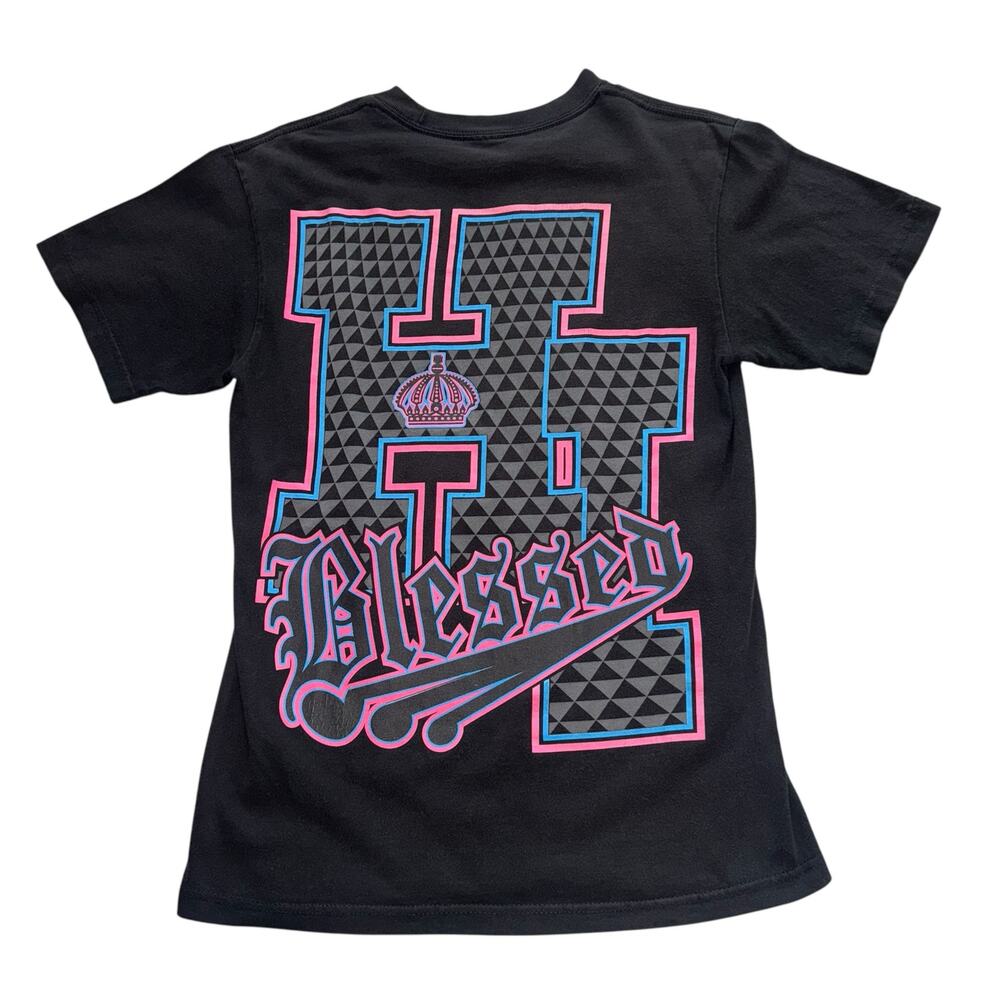 BLESSED HI GRAPHIC T SHIRT ADULT SMALL BLACK PINK BLUE BACK PRINT HAWAII TEE